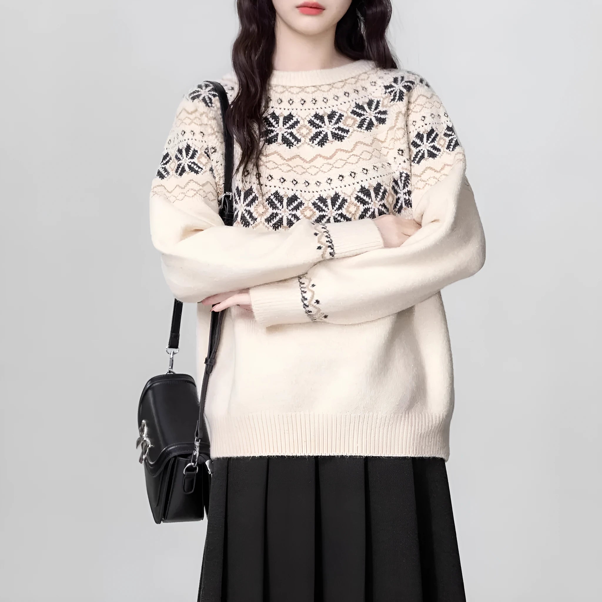 Women's milky white vintage Fair Isle geometric pattern crew neck pullover sweater with long sleeves
