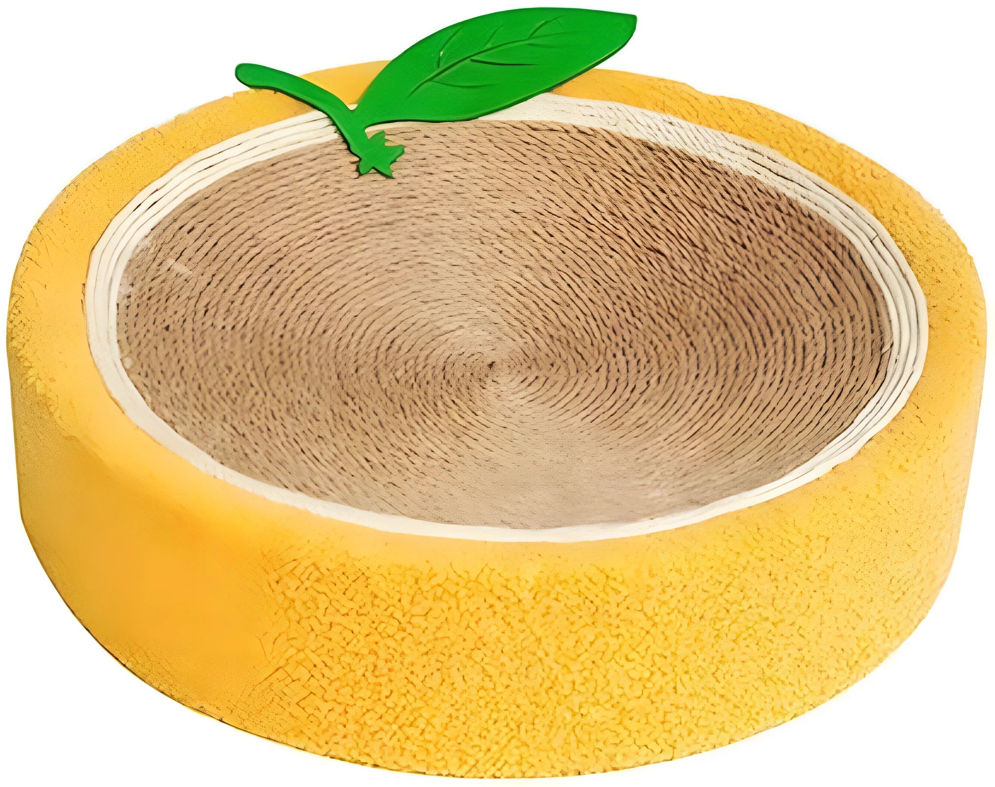 Yellow round sisal cat scratching board with integrated sleeping area for small breed cats
