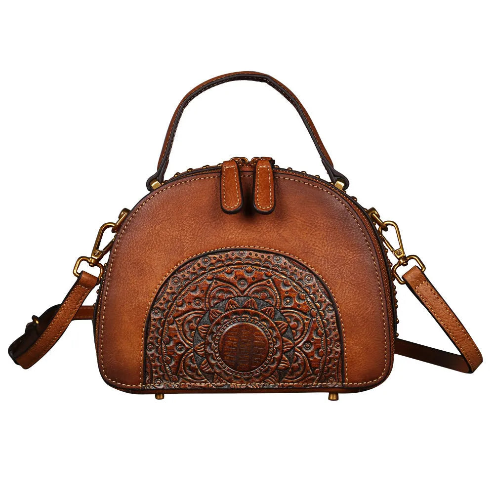 Vintage suede leather handbag in Bean Shahong colour showing internal ID pocket and mobile phone compartment.