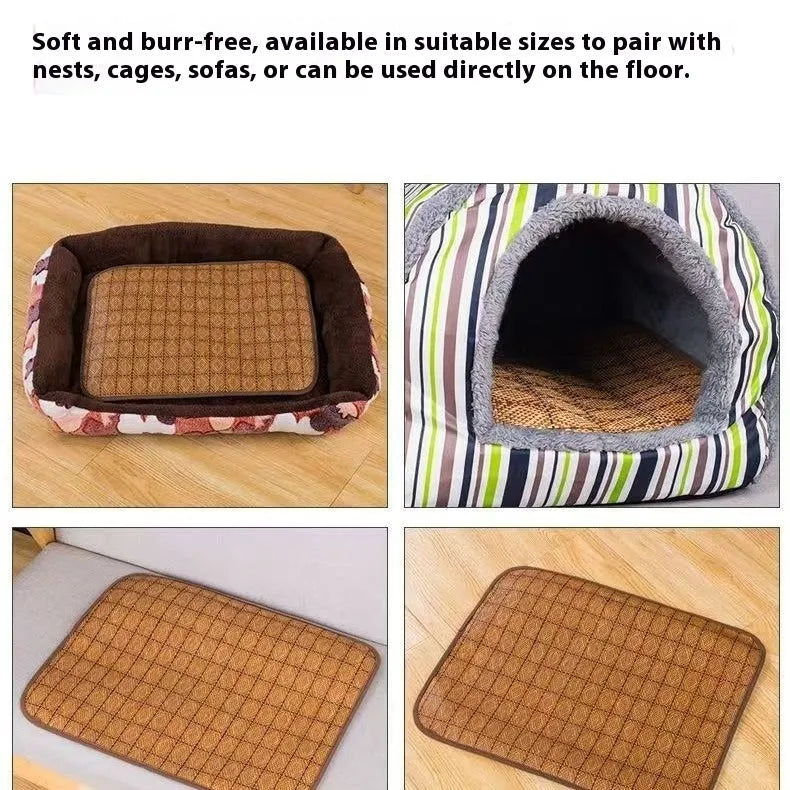 Brown woven rattan cooling mat for dogs on a wooden floor.