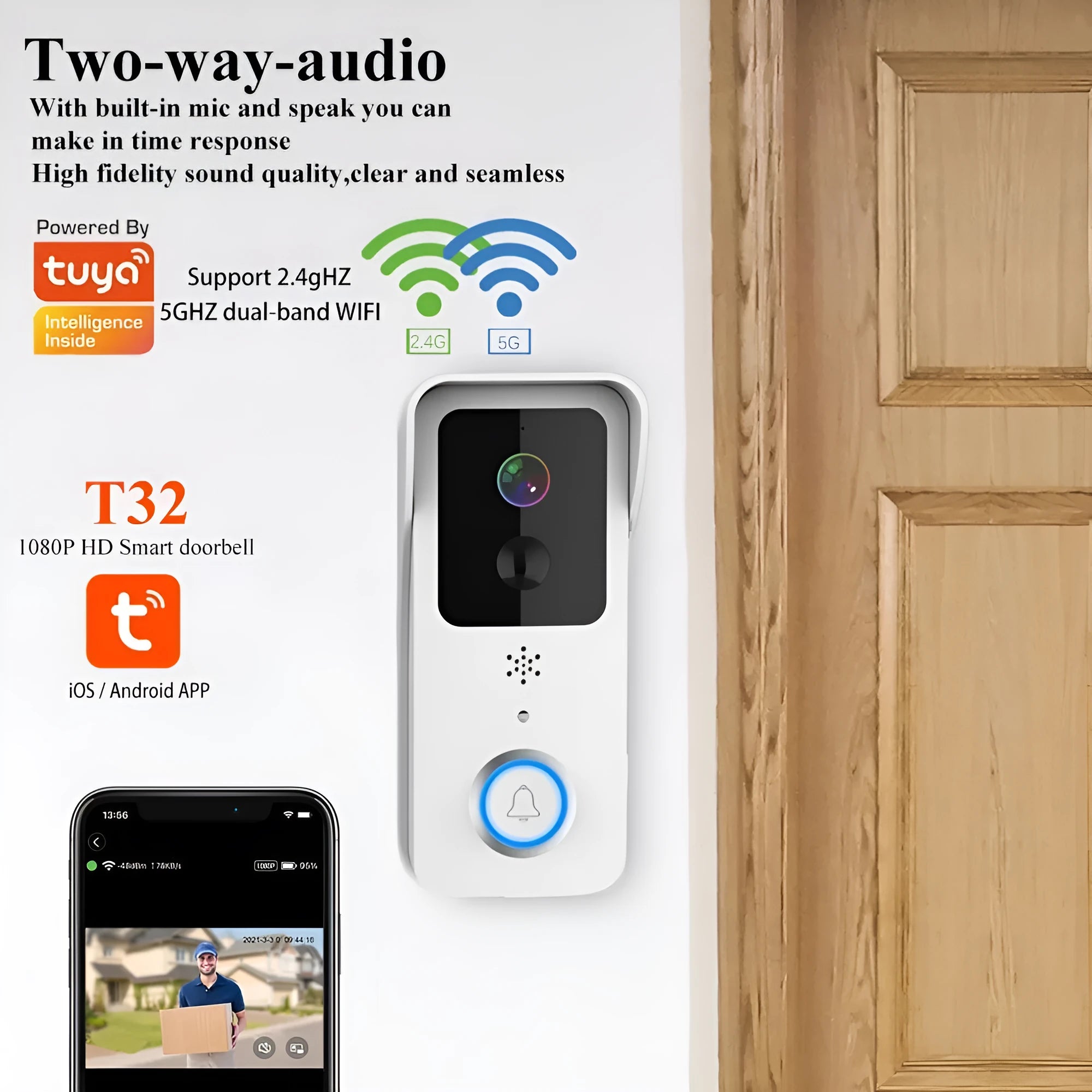 Waterproof smart visual doorbell with HD camera and 18650 battery for wireless outdoor security