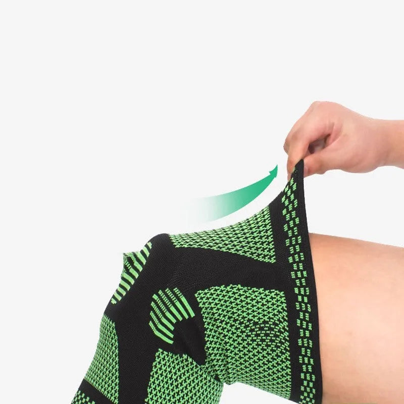 Silicone spring knee pads for sports in blue, green, orange, and white colours on a grey background.