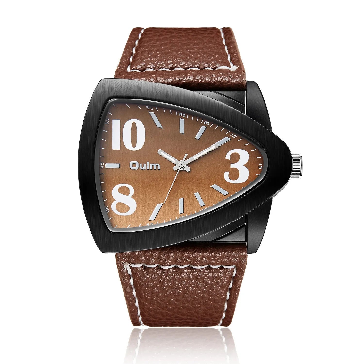 Men's casual triangle belt quartz watch in brown, black, or blue colour with 9mm thick case.