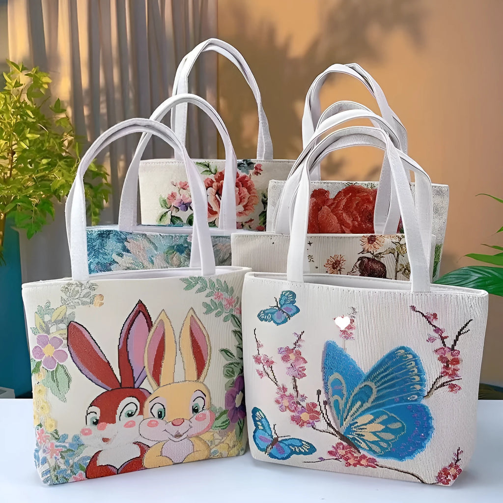 Double-sided gold wire embroidered canvas bag showing Monet flowers design with polyester lining