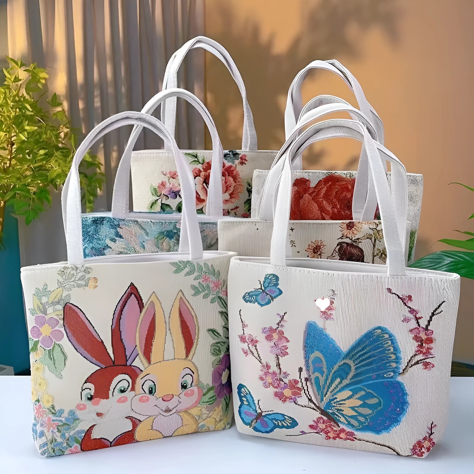 Double-sided gold wire embroidered canvas bag showing Monet flowers design with polyester lining