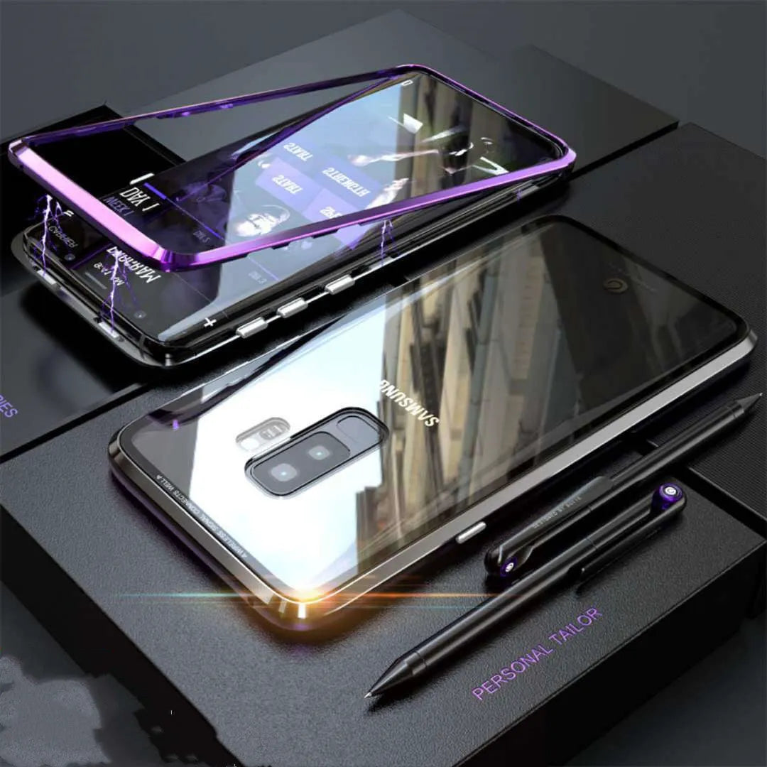 Anti-peeping magnetic clamshell phone case for Samsung Galaxy in black with double-sided glass