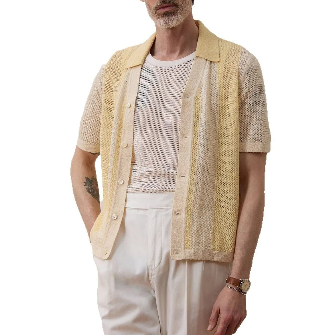 Yellow casual polo shirt with hollow-out design and asymmetric hem, short sleeves, Tencel fabric