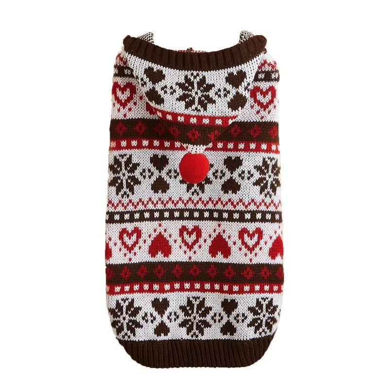 Striped camouflage dog sweater with snowflake motifs in pink acrylic knit for small breeds