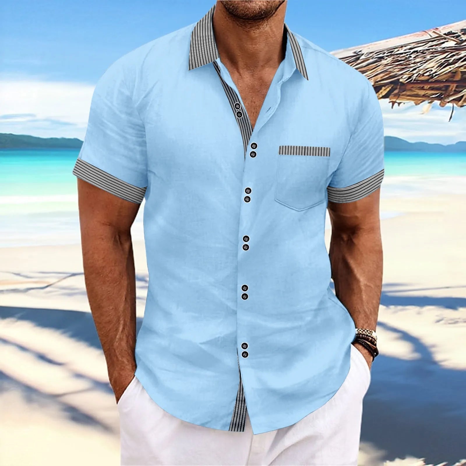 Striped double button short sleeve casual shirt in pure cotton with slim fit styling