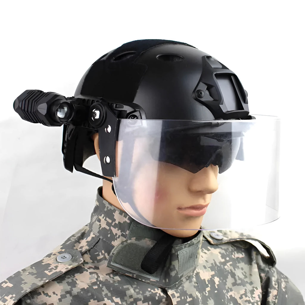 Transparent windproof explosion-proof face mask with guide rail for helmet mounting.