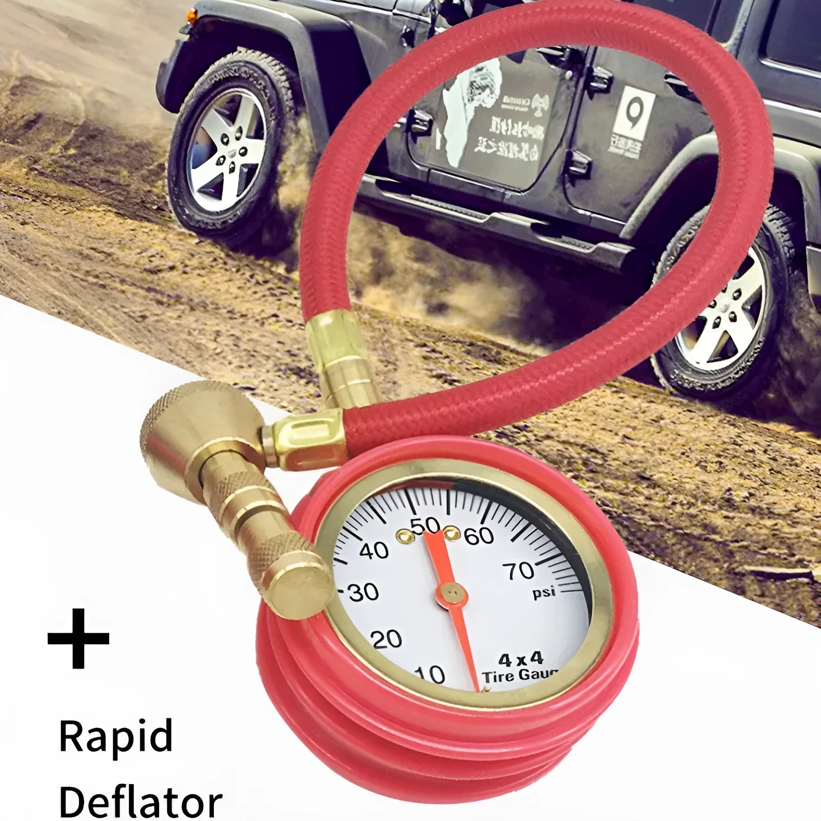 Mechanical off-road vehicle tyre pressure gauge with metal body and rubber shell, showing pressure dial.