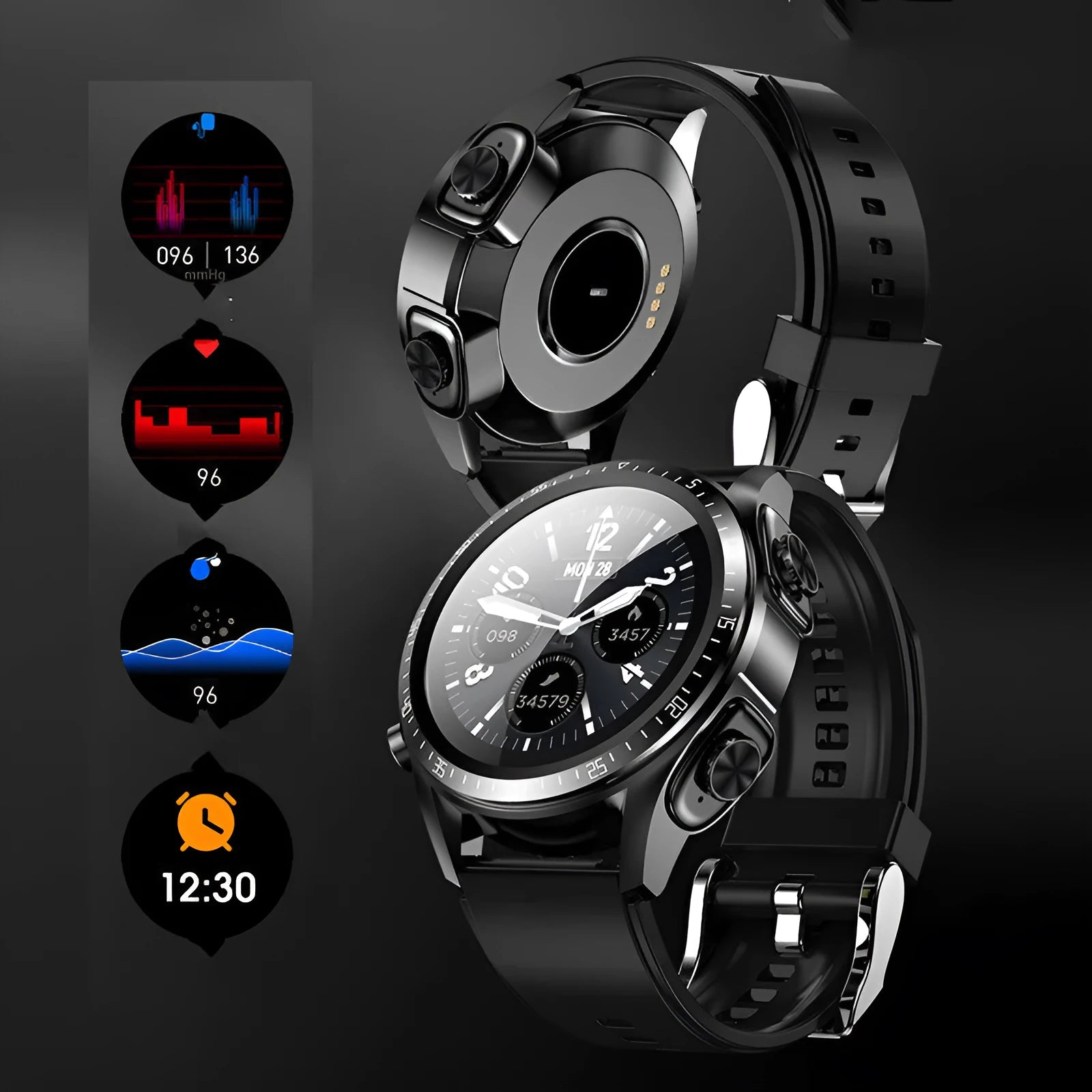 Black smartwatch with blood pressure monitor on silicone strap showing touchscreen display