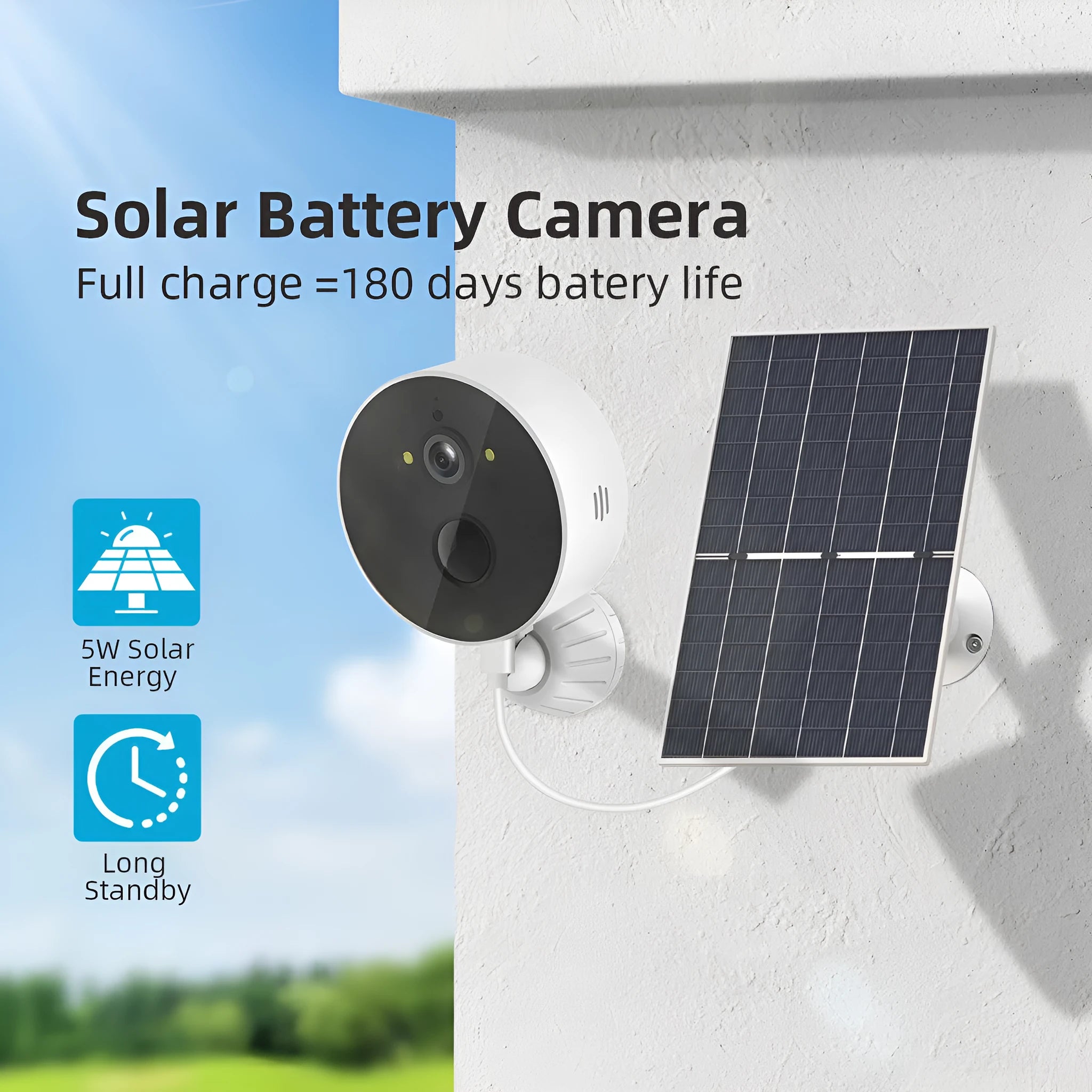 Solar panel powered 1080P outdoor security camera with battery and low power consumption design