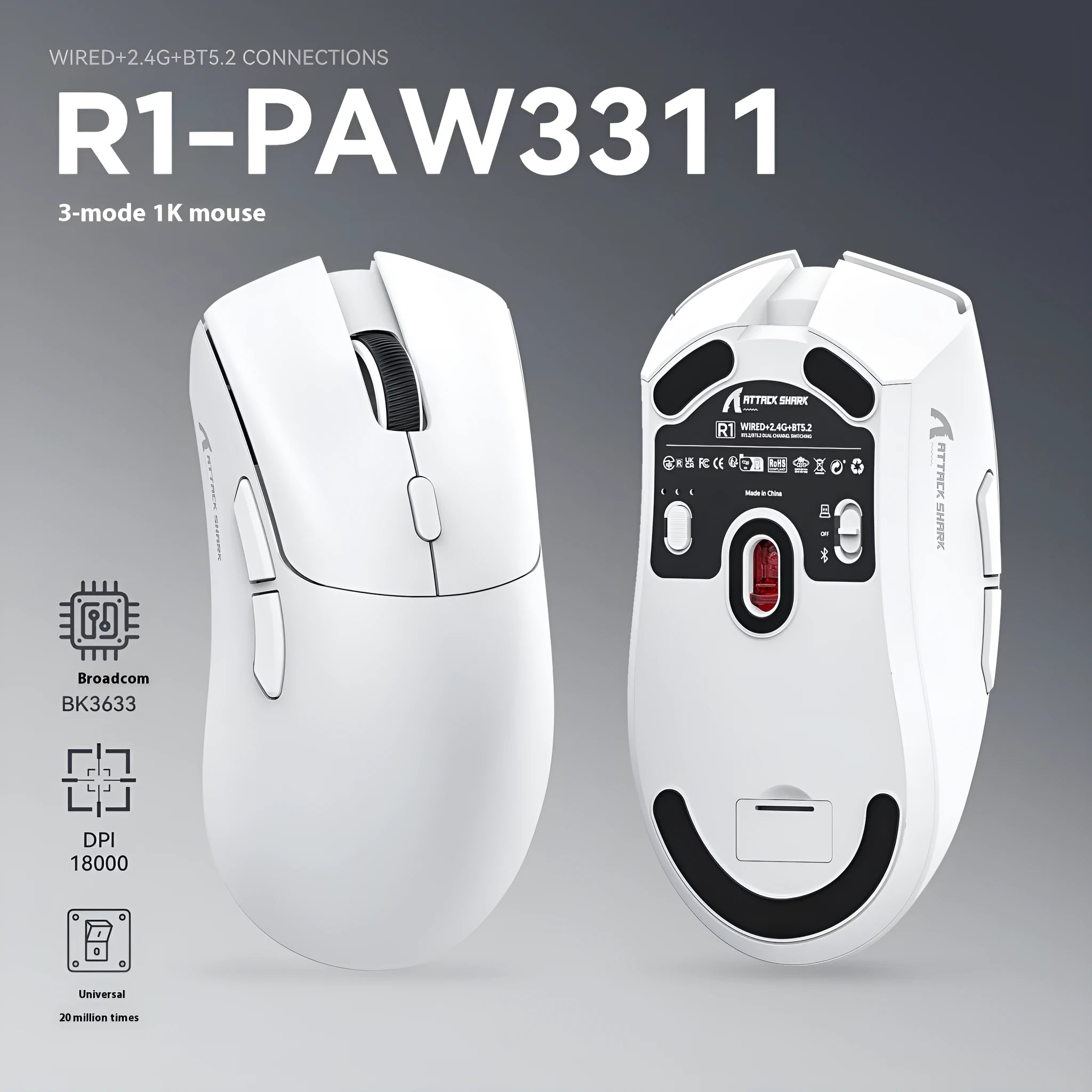 Attack Shark wireless gaming and office mouse in black, red, or white colour options.