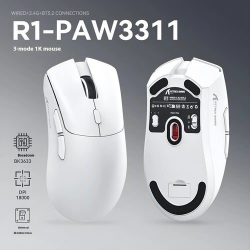 Attack Shark wireless gaming and office mouse in black, red, or white colour options.