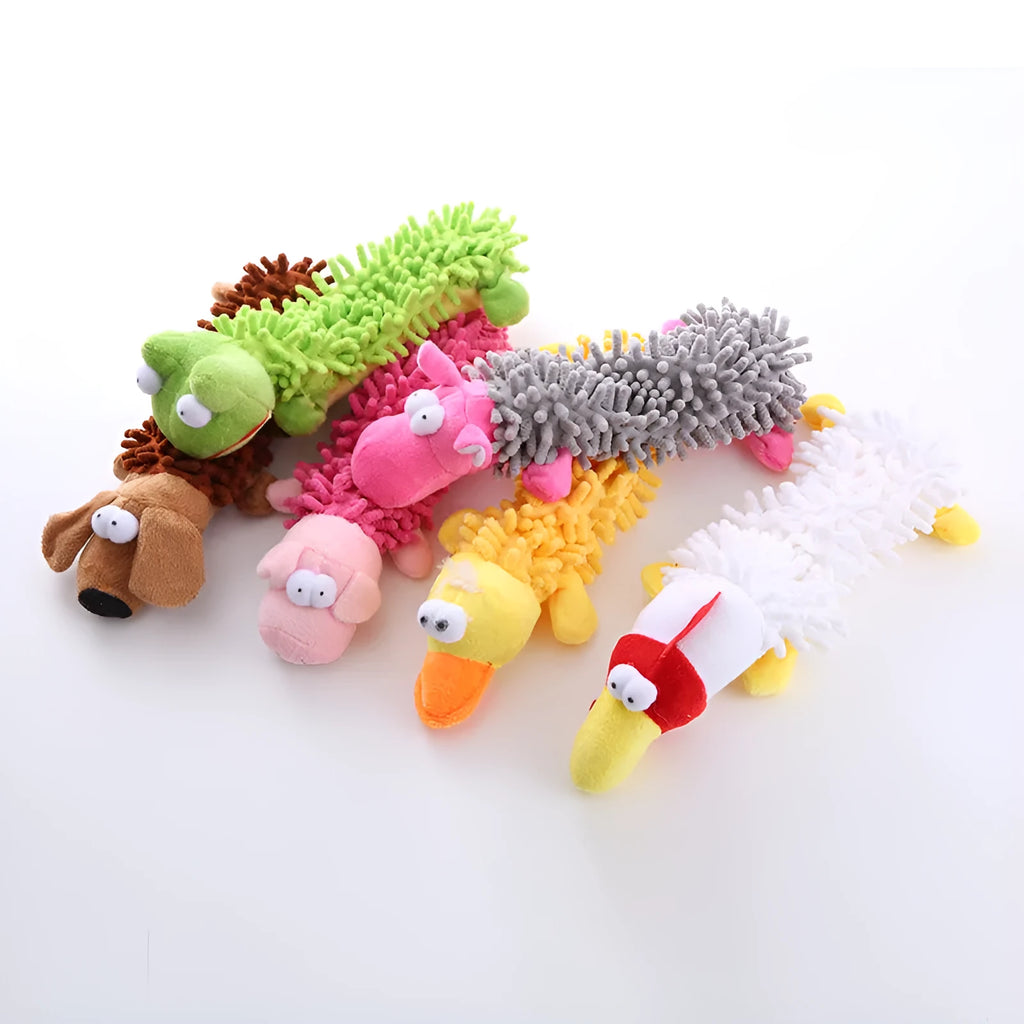 Plush horse molar dog chew toy in animal designs including brown dog, yellow duck, white chicken
