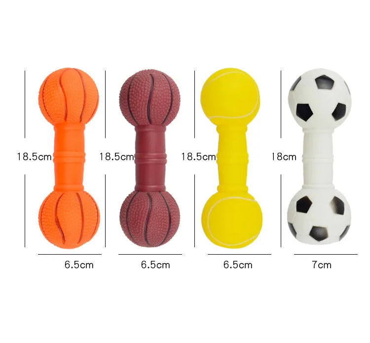 Football dumbbell shaped dog squeaky chew toy in PVC material showing brown, orange, white and yellow colour options