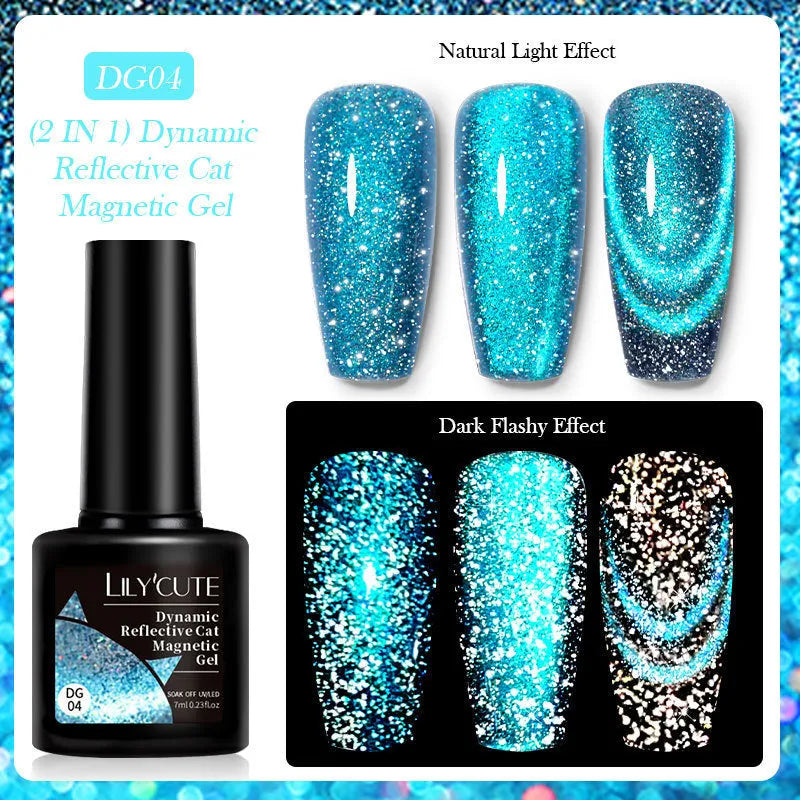 Cat Eye Series UV Gel Nail Polish bottles showing six fluorescent colours with glitter and diamond fragment effects