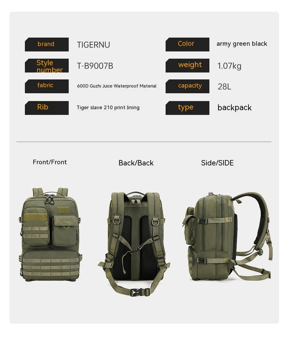 17-inch waterproof tactical backpack in army green with 20-35L capacity for outdoor use