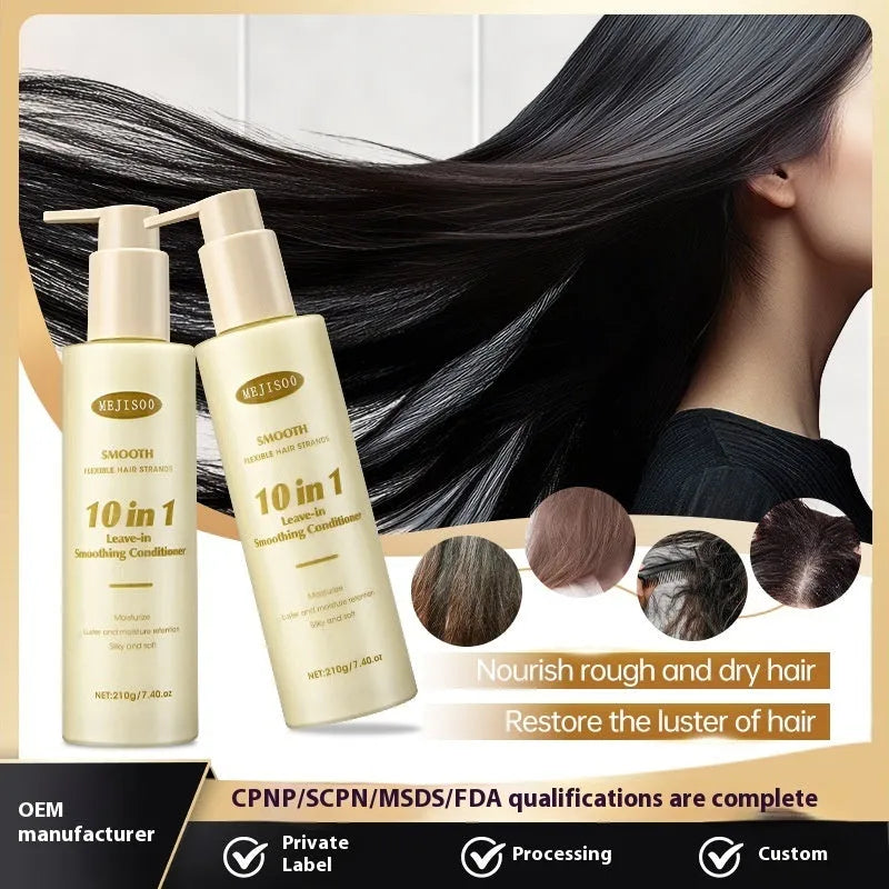 Bottle of wash-free 10-in-1 hair conditioner 210g for moisturising and nourishing frizzy hair