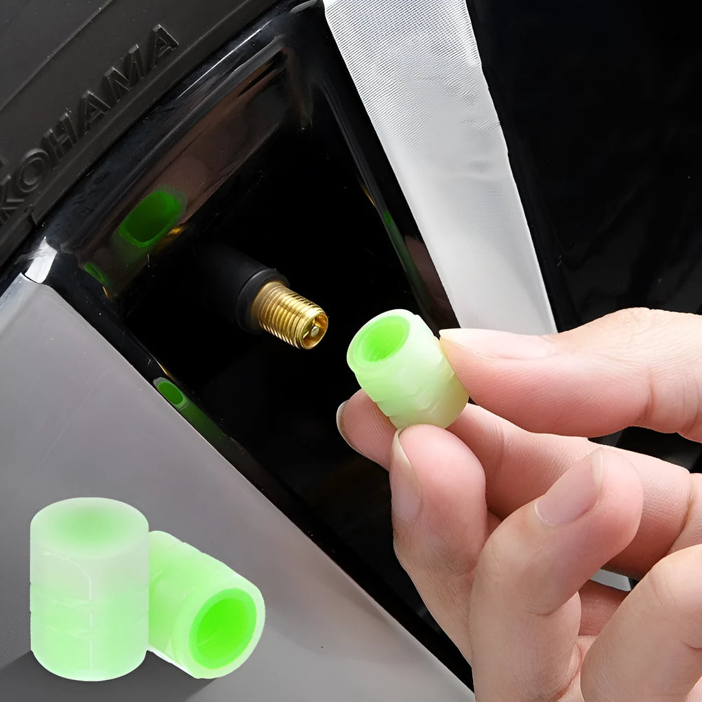 Rubber car tyre valve caps with glow-in-the-dark luminous nozzles, 16x12mm size.
