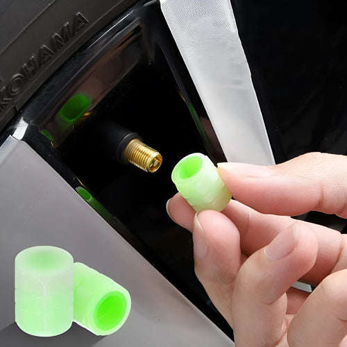Rubber car tyre valve caps with glow-in-the-dark luminous nozzles, 16x12mm size.