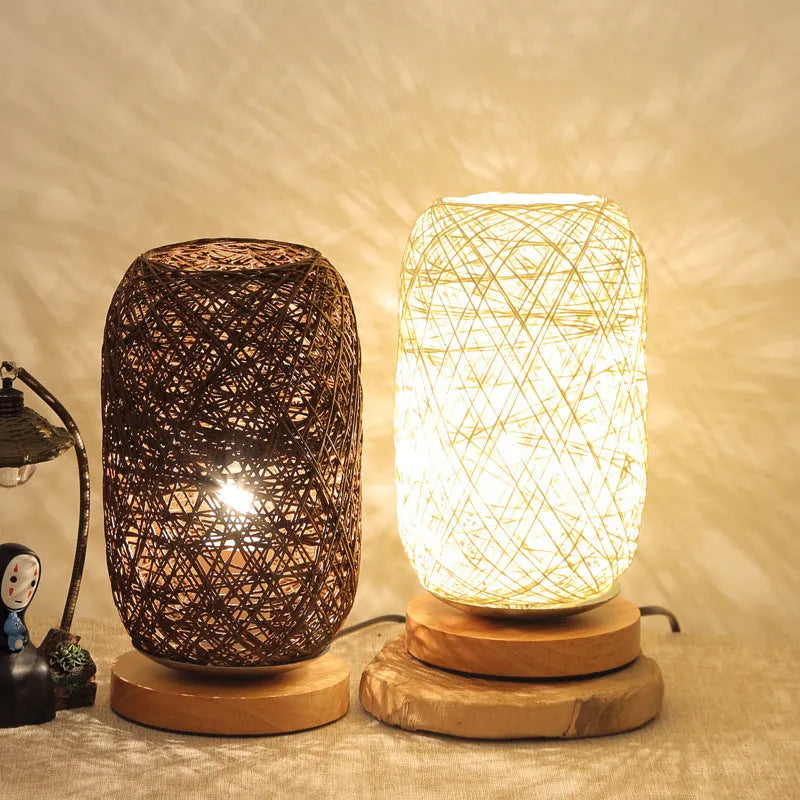 Natural hemp rope Sepak Takraw sphere desk lamp with solid wood base and USB cable