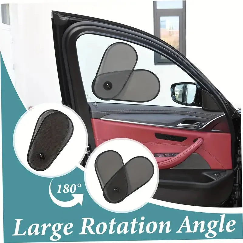 Black adjustable car side window sunshade with suction cups stretched across vehicle window
