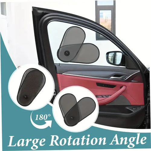 Black adjustable car side window sunshade with suction cups stretched across vehicle window