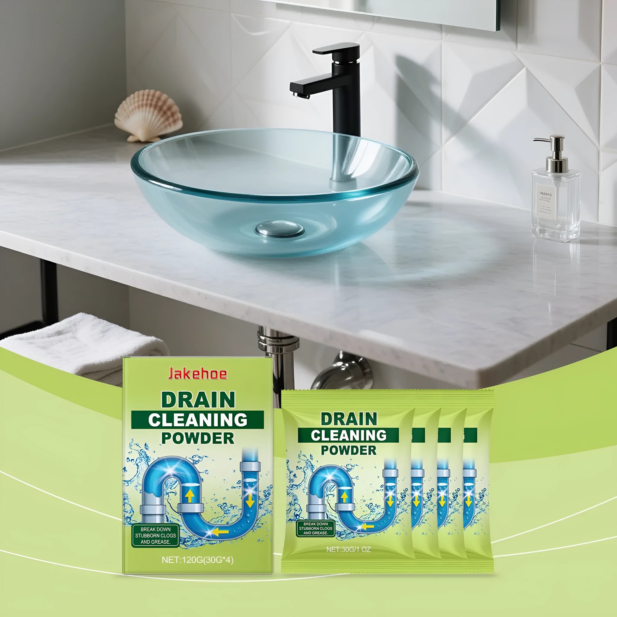 120g drain cleaning powder container with chemical formula for unblocking household plumbing