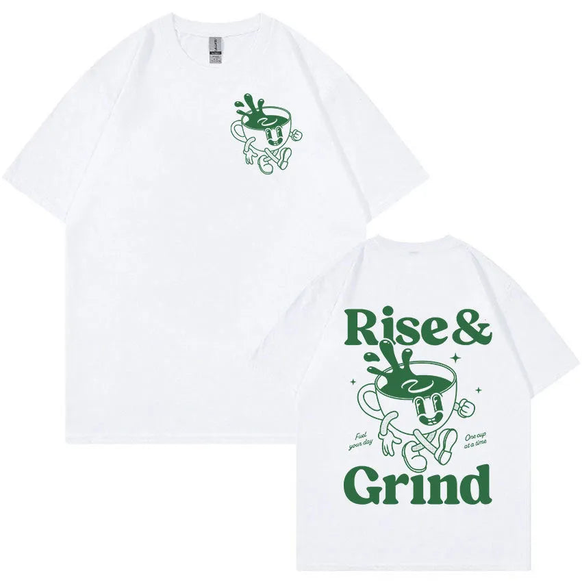 Men's loose fit light grey t-shirt with a green 'Rise and Grind' coffee cartoon print on the front.