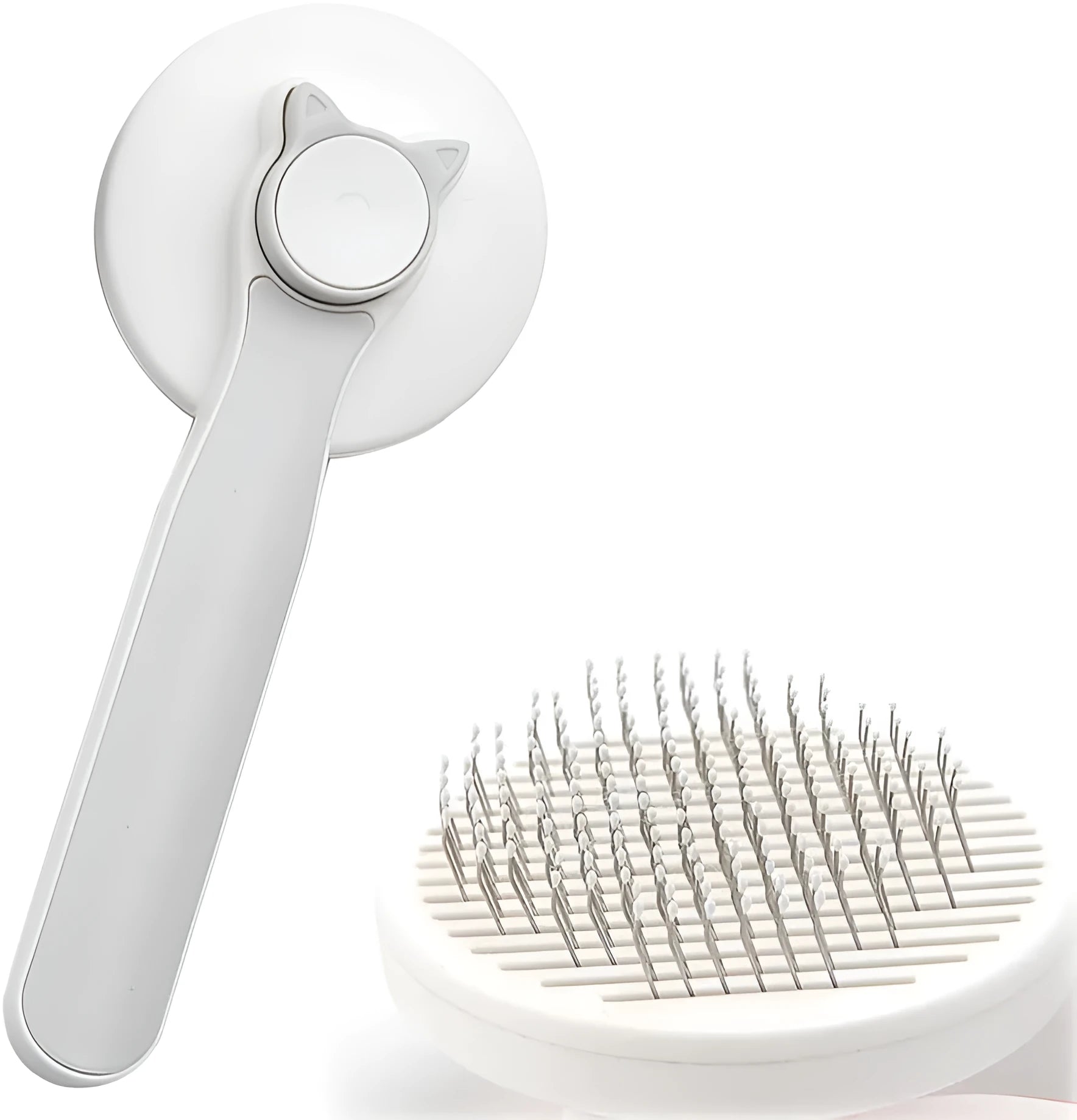 Blue self-cleaning cat brush with a rubber handle and round-tipped metal pins.