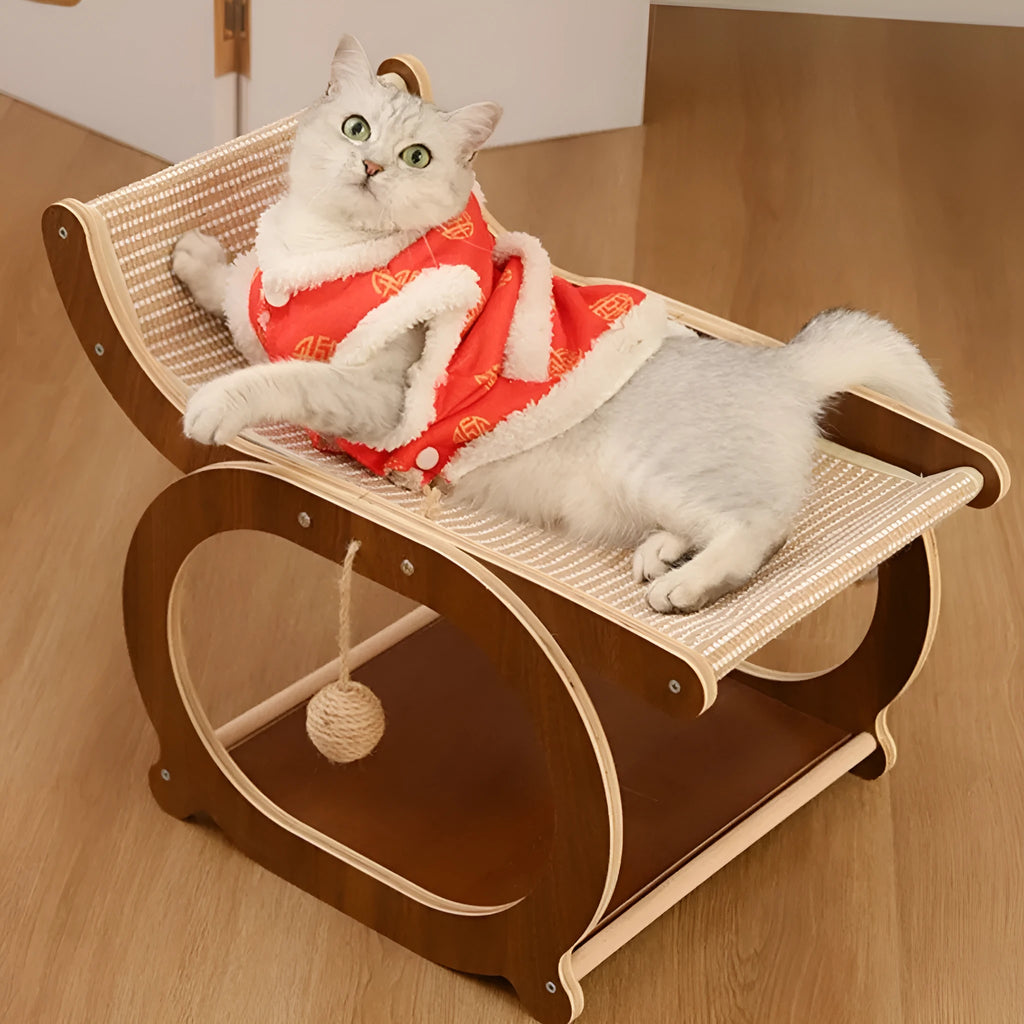 Solid wood sisal cat scratcher bed in walnut colour with scratch-resistant surface serving as multifunctional cat furniture