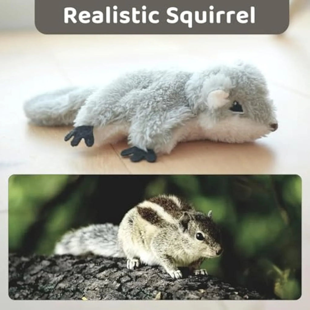 Grey flapping squirrel cat toy with waving wings showing touch-activated motion for interactive feline play