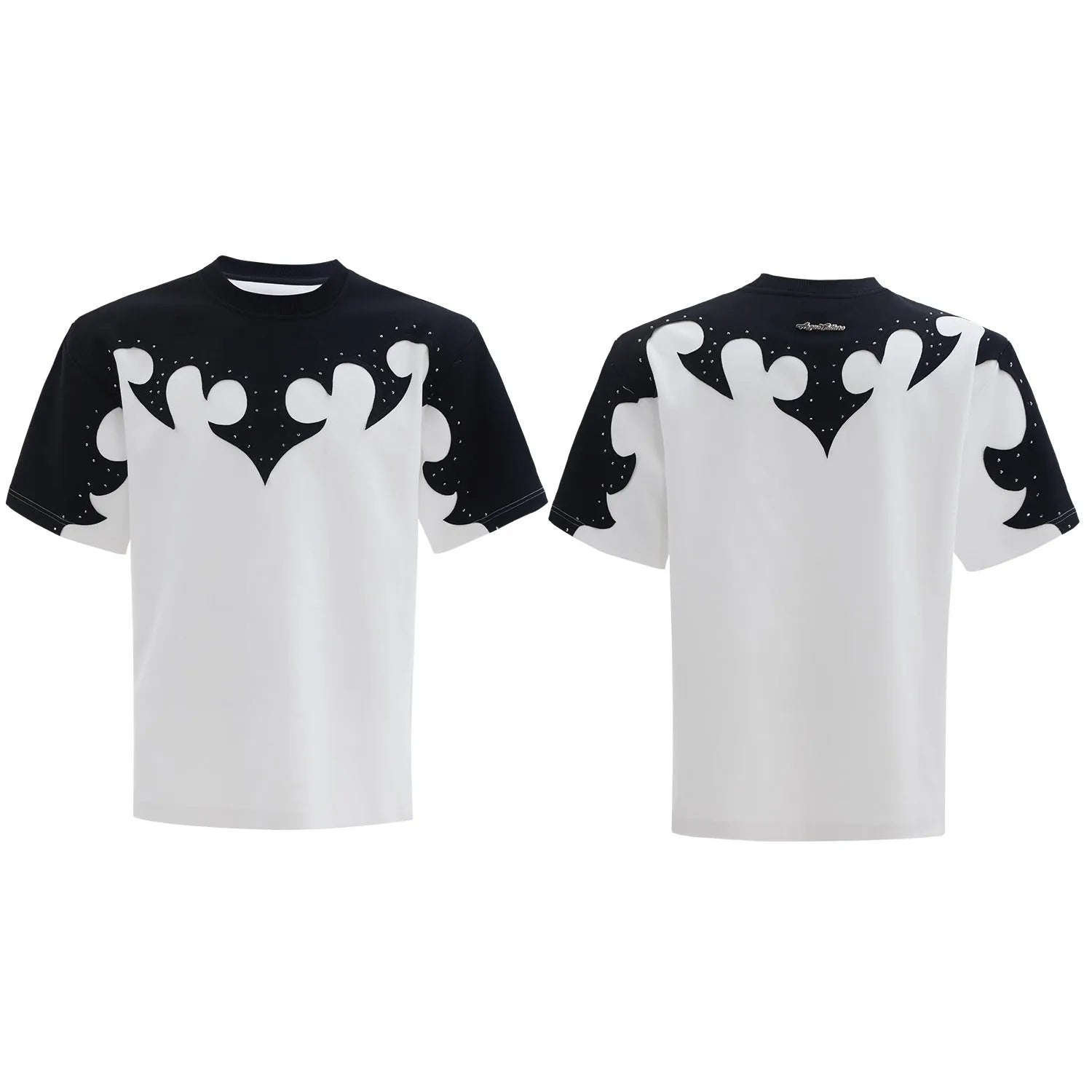 Men's grey cotton T-shirt with burnt flower stitching and rhinestone decoration showing loose fit drop shoulder design