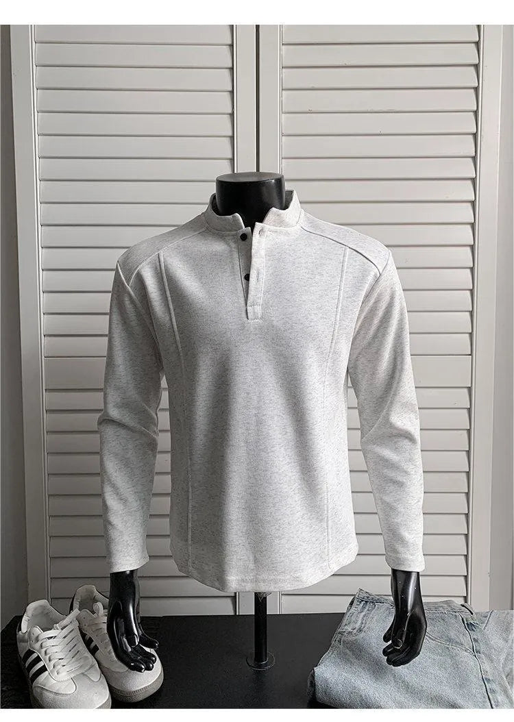 Men's polo shirt with stand-up collar and patchwork shoulder detailing in Chinese cotton fabric