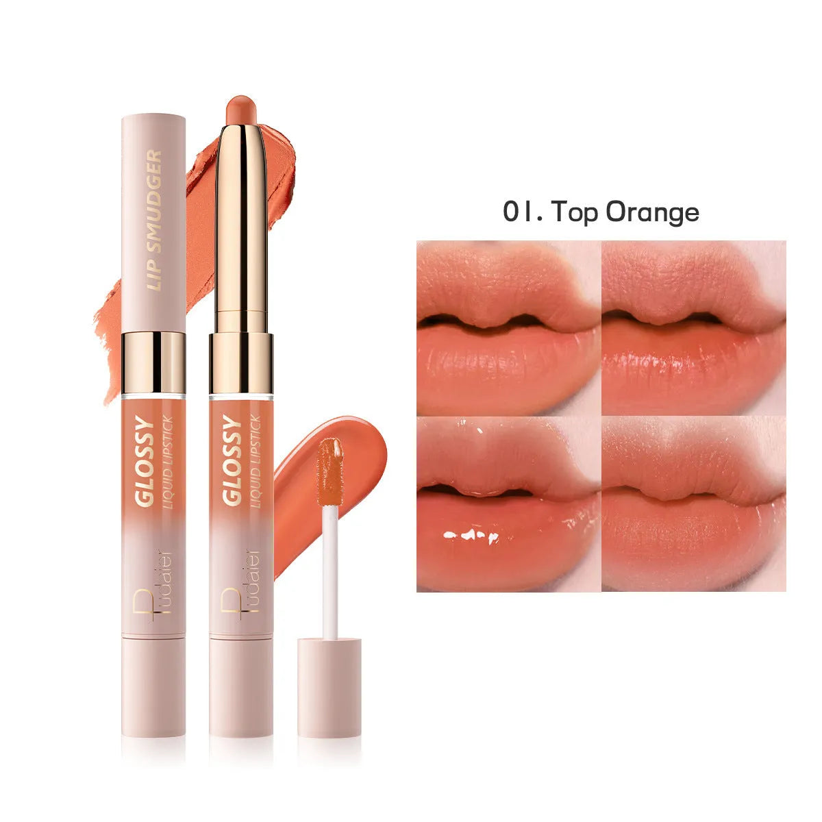 Double-headed lipstick and lip gloss product showing matte and glossy ends in one of ten available colours