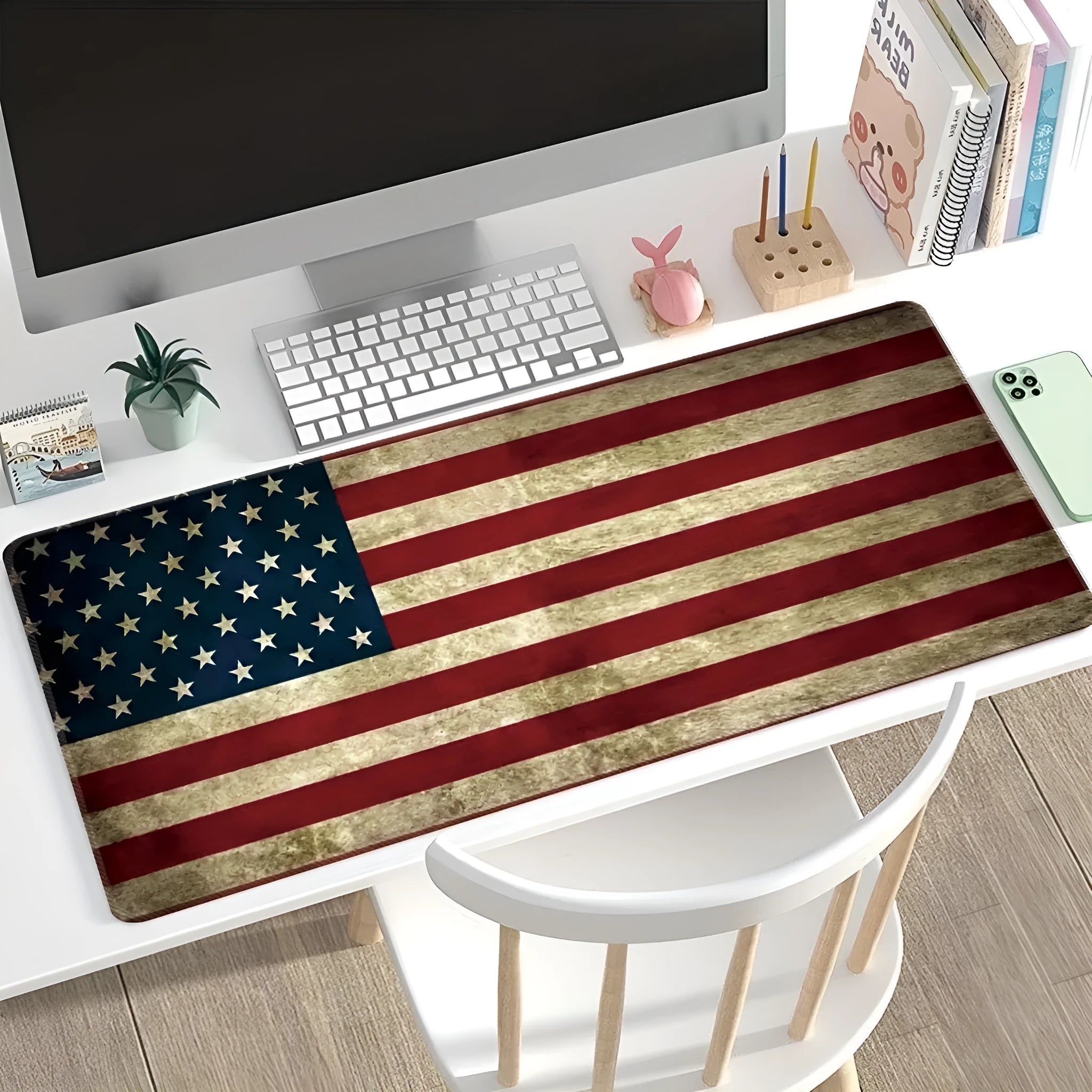 Large rectangular desk pad with printed pattern, natural rubber non-slip base, for computer mouse and keyboard.