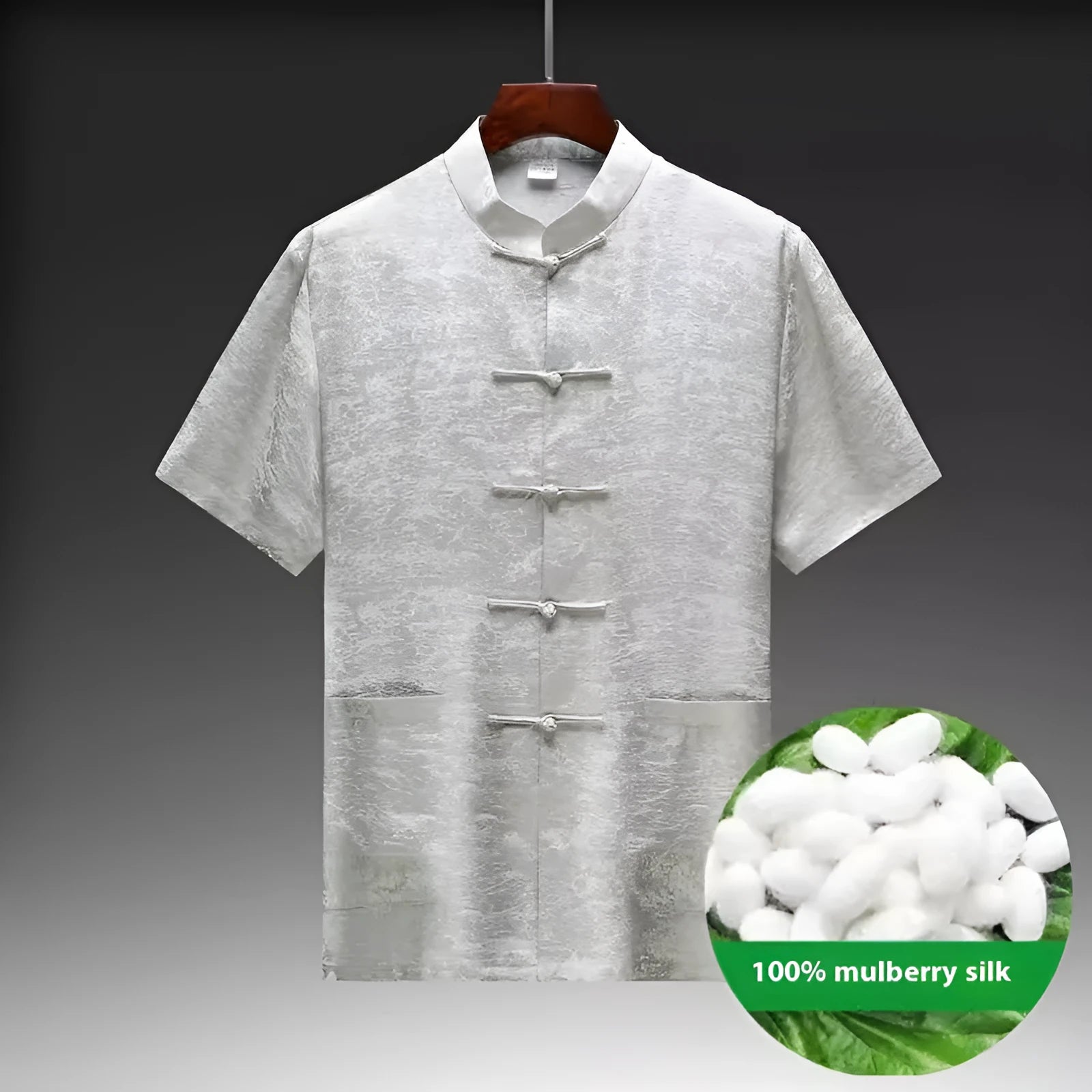 Men's mulberry silk Chinese Tang suit in light green, shown with traditional woven detailing.