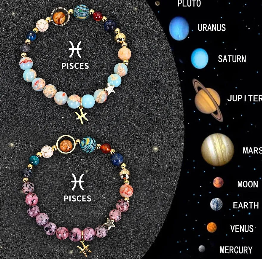 Two natural stone zodiac bracelets showing twelve different astrological styles on a neutral background