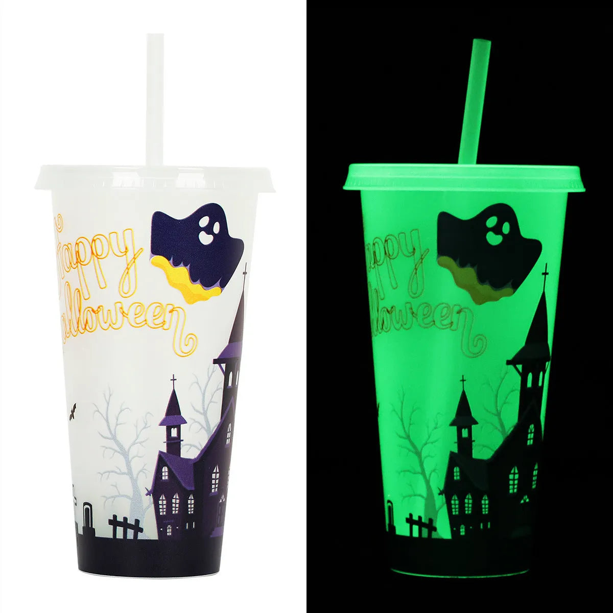 Plastic Halloween sippy cup with luminous straw measuring 17.5cm tall with 720ml capacity
