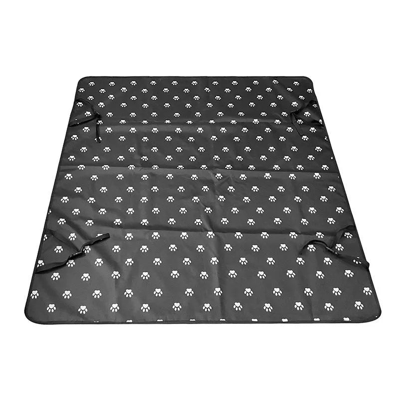 Grey car pet mat with dog bone print on rear car seat protecting upholstery