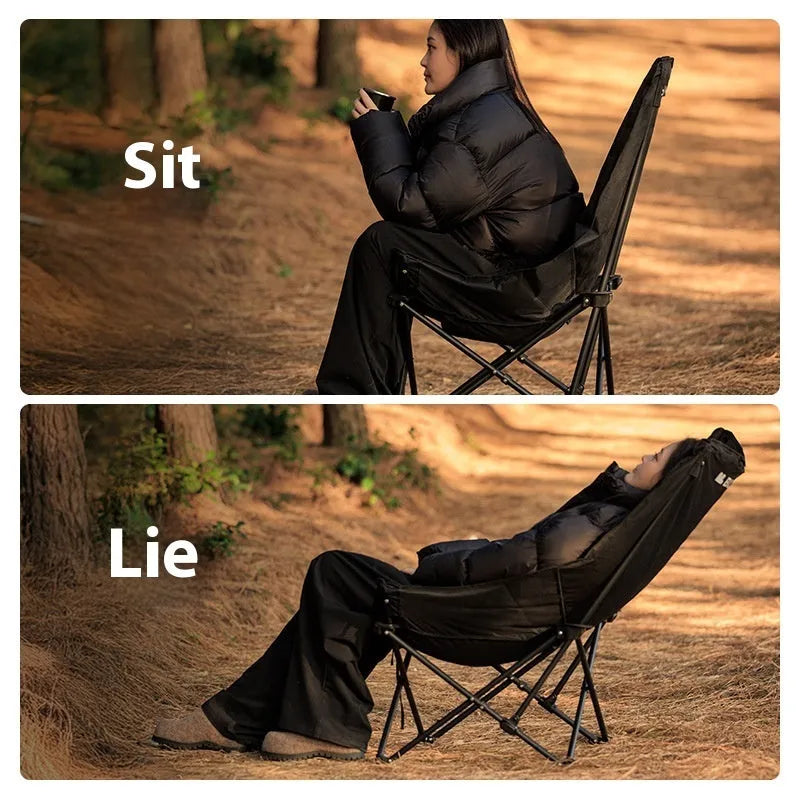 Night black portable camping recliner folding chair in moon chair style, shown both set up and folded.