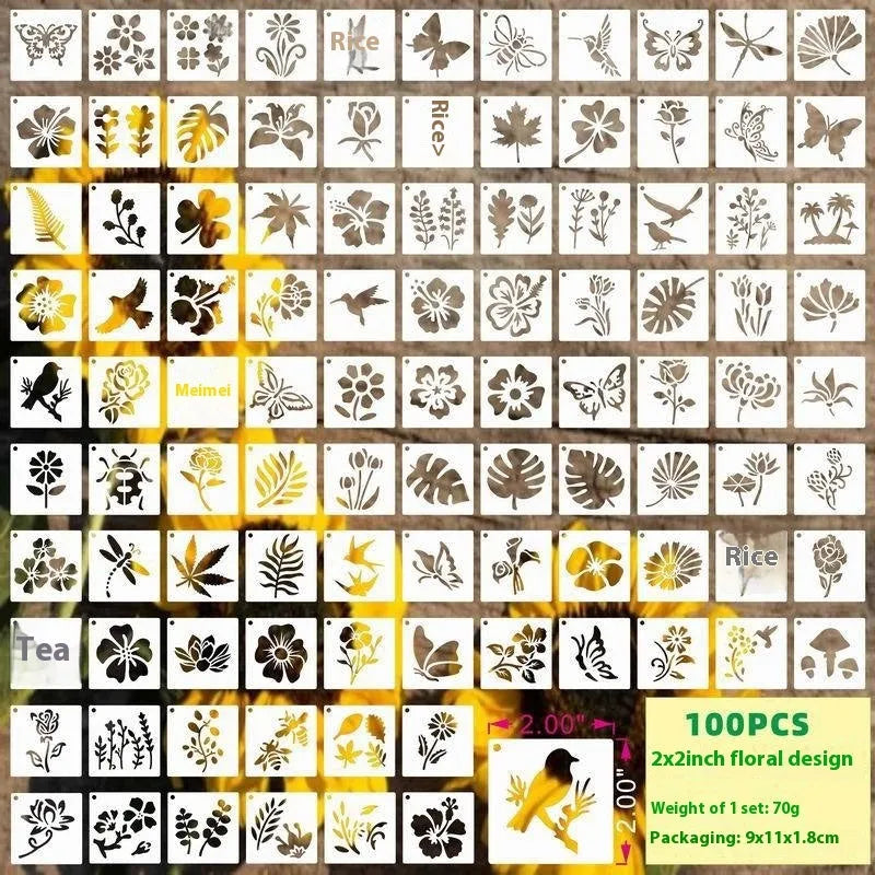 Milky white PET film hollow stencil sheets showing flower, animal, ocean, and letter designs for spray painting.