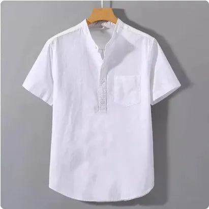 Men's casual linen shirt with stand collar and short sleeves in slub cotton fabric, loose fit