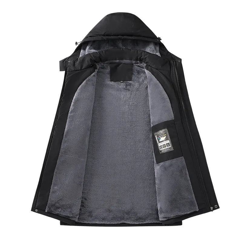 Men's plus size waterproof winter coat in loose fit with hood, available in Army Green, Black, Dark Gray and White colours