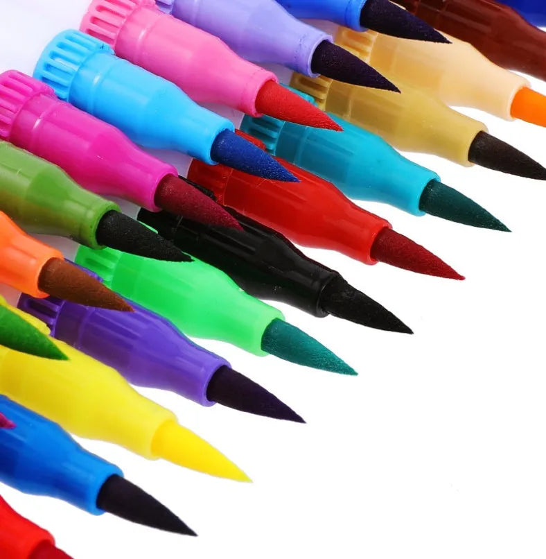 Set of watercolour pens in various colours arranged in a case, showing plastic barrels and fine tips.