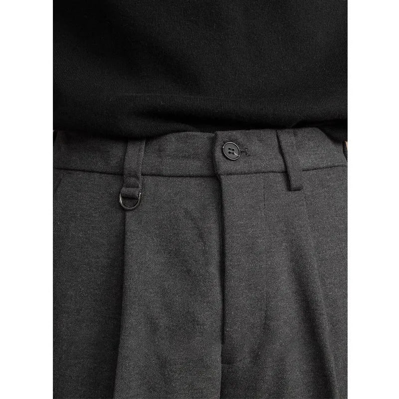 Men's straight leg casual trousers in black polyester fabric with business styling
