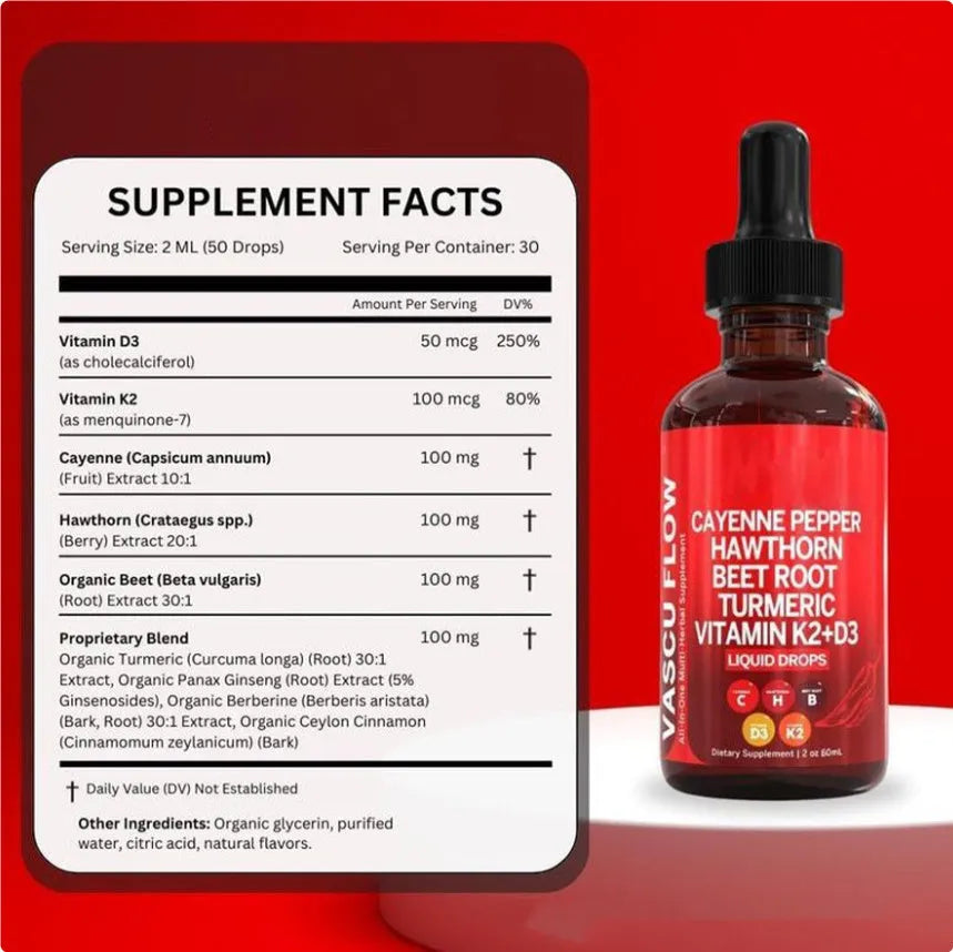 60ml glass bottle of Vitamin D3 and K2 with Hawthorn Fruit liquid supplement drops with glass dropper.