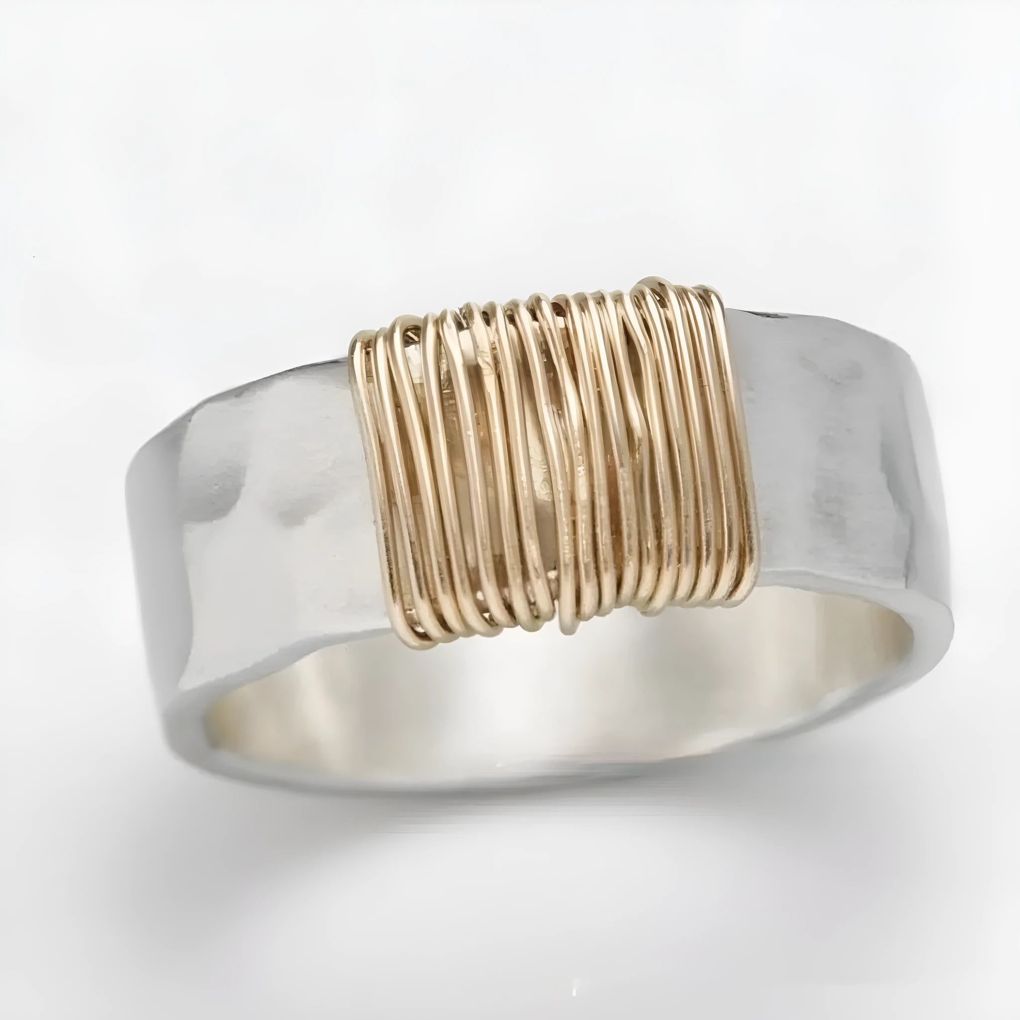 Geometric wide face copper bracelet with irregular coil design in silver golden colour